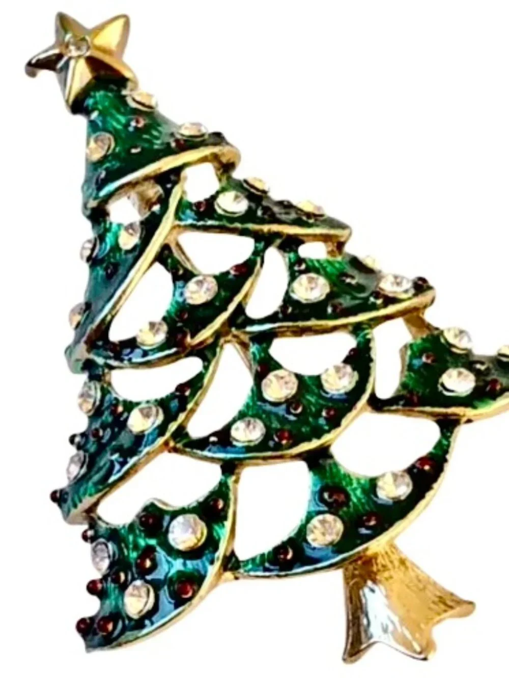 Vintage Christmas Tree Brooch Green Enamel Clear Rhinestones See Thru Cut-Outs